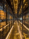 Exploring the Elegant Cellar Corridor Showcasing Oak Barrels With Gold Reflections at Dusk Royalty Free Stock Photo