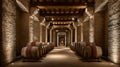 Exploring the Elegant Wine Cellar Corridor With Barrels and Moody Lighting at a Vineyard Royalty Free Stock Photo