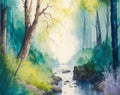 Exploring Enchanted Woods: AI-Generated Watercolor Depiction of a Serene Forest