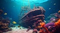 Exploring The Enchanting Depths: Hyper-realistic Ancient Pirate Ship Underwater Royalty Free Stock Photo