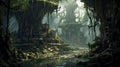 Exploring the Fantastical Swamp Ruins. Giant Tree Forest Secrets. Generative AI