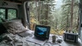 Exploring the freedom of van life a digital nomad s remote work setup amidst nature s beauty Royalty Free Stock Photo