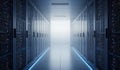 Exploring a futuristic data center filled with shimmering servers and an illuminated corridor Royalty Free Stock Photo