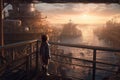 Sci-Fi Child Observing Bustling Canal with Ships: Ultra-Realistic Photography Award Winner