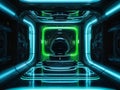 Exploring a futuristic neon-lit corridor with a mysterious spherical object at its center