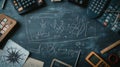 Exploring Geometric Concepts, Equations, Drawings, and Calculations on a Chalkboard, Featuring Vintage Tools and In