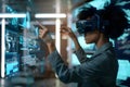 Exploring Immersive Data Visualization, A Woman Uses Virtual Reality Headset and Gestures to Interact with Futurist