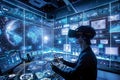 Exploring Immersive Virtual Reality, A Person Interacts with Global Data Visualizations in a Futuristic Control Roo