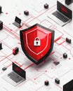 Exploring the Importance of Cybersecurity Using a Red Shield Surrounded by Various Digital Devices