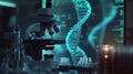 Exploring innovative medical technology close up of microscope with animated dna macro image