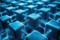 Exploring the intricate structure of a digital network with interconnected blocks in blue tones and glowing connections Royalty Free Stock Photo