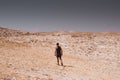 Exploring - lonely human walking in a rocky desert freedom and adventure lifestyle and sport concepts