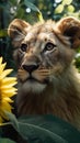 Exploring the Lost Ancient Rural World: Beautiful Mysterious Shimmering Cosmic Lion Cub Close-Up .