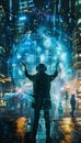 Exploring the metaverse a person engages with vibrant virtual worlds via smartphone and blockchain