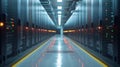 Exploring a Modern Data Center With Rows of Servers Illuminated by Soft Lighting Royalty Free Stock Photo