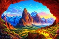 Exploring the Mystical Cave with Towering Mountains.AI Generated