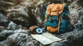 Exploring nature with a hiking backpack, compass, and map on rocky terrain during daylight hours. Generative AI Royalty Free Stock Photo