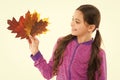 Exploring the nature. small girl maple leaves. little child feel unity with nature. collect autumn colors. beauty of