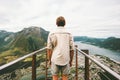 Exploring Norway Man traveler enjoying aerial mountains landscape