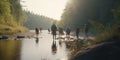 Exploring the Outdoors: Group Hiking and Camping by the River with Backpacks