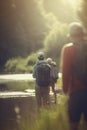 Exploring the Outdoors: Group Hiking and Camping by the River with Backpacks