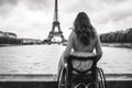 Exploring Paris as a wheelchair user. Back of disabled woman looking on Eiffel tower. Generative AI