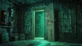 Exploring password cracking techniques in a mysterious green room environment dark and tech-focused abstract concept