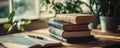 Exploring personal growth through a stack of self-improvement books on a rustic wooden table