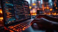 Exploring quantum computing concepts through coding and data analysis in a modern city setting at night. Generative AI
