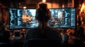 Exploring quantum concepts through coding in a dimly lit workspace with dual monitors displaying complex algorithms