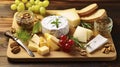 Exploring the Rich Diversity of Cheese Varieties Paired with Grapes on a Wooden Platter. Generative AI