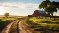 Exploring the Scenic Dirt Road Between Charming Barns on a Serene Farm