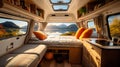 Exploring in Style Camper Van Interior with a Scenic Outdoor Backdrop