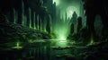 Exploring Submerged Swamp Ruins With Green Moon Magic. Generative AI