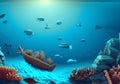 Exploring a Sunken Treasure: An Illustration of Vibrant Marine Life, Shipwreck, Corals, and Fish Amidst Sunlit Sand Below