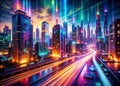 Exploring a Surreal Digital Cityscape Neon Light Trails Woven with Binary Code a Futuristic Masterpiece of Digital Art Royalty Free Stock Photo