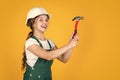 exploring tools. girl wearing engineer clothes. Tools to improve yourself. Foreman inspector love working. occupation