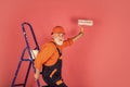 exploring tools. senior man painter use roller on ladder. painting the wall in pink. professional painter in working