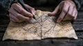 Exploring uncharted paths fingers tracing a map intimate setting handwritten details nature close-up view journey concept