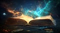 Exploring the universe through the pages of an open book a journey into cosmic knowledge and imagination Royalty Free Stock Photo