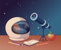 Exploring universe. Telescope and astronaut helmet