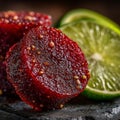 Exploring the vibrant cross-section of a chamoy pickle and lime delight Royalty Free Stock Photo