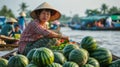 Exploring the Vibrant Mekong Delta Floating Mket: Watermelon and Vegetable Sales from Boats in Can