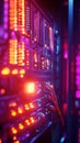 Exploring Vibrant Server Room Aesthetics, Data Center\'s Neon Glow Captivates Royalty Free Stock Photo
