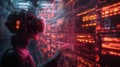 Exploring a virtual reality cybersecurity interface with interactive data visualization at night Royalty Free Stock Photo
