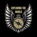 Exploring the world. Compass and wings, sign, symbol on a dark background. Vector illustration.