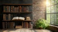 Exploring the Worlds of Imagination through Books and Nature: A Blissful Reading Corner with a Shelf Full of Knowledge and a Royalty Free Stock Photo