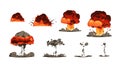 Explosion animation kit. Cartoon bomb detonation comic effect with fire and smoke, energy blast and firework explode