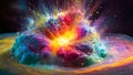 Explosion of the Big Bang universe, a supernova explosion made of colourful bath soap on stark black backdrop Royalty Free Stock Photo