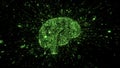 Explosion of binary data around green brain illustrated as digital circuitry